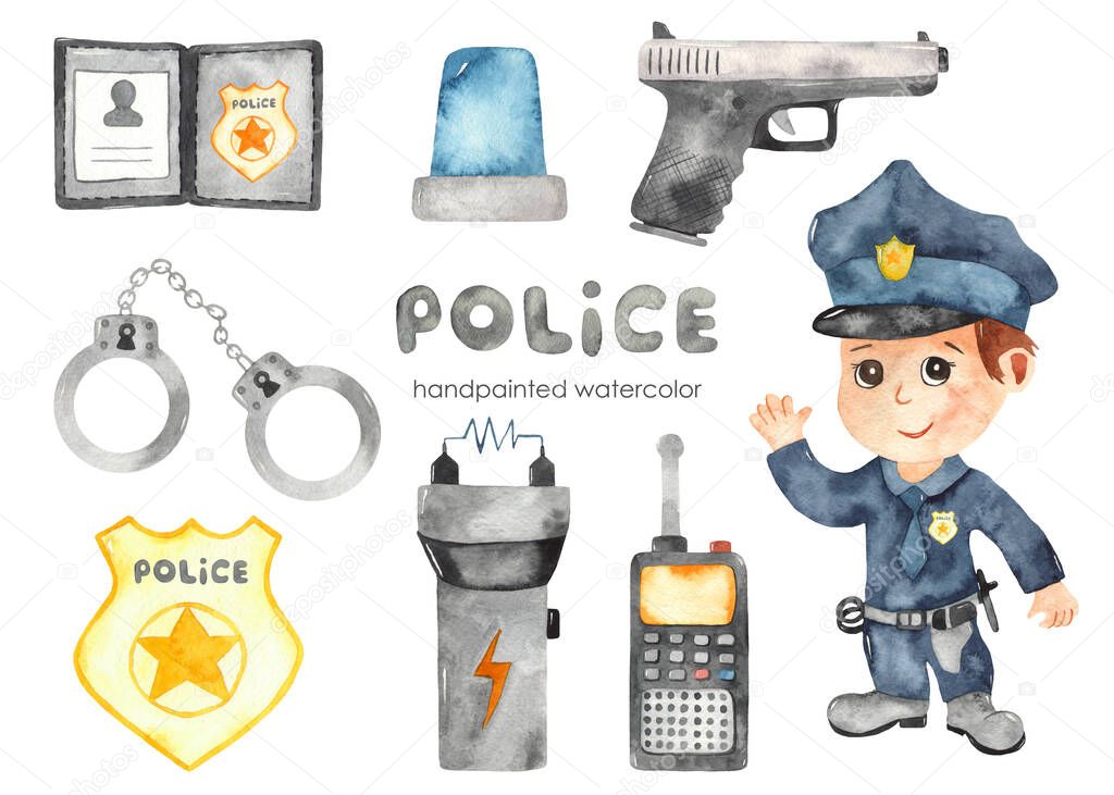 Cute cartoon boy Policeman and police equipment. Watercolor hand painted clipart