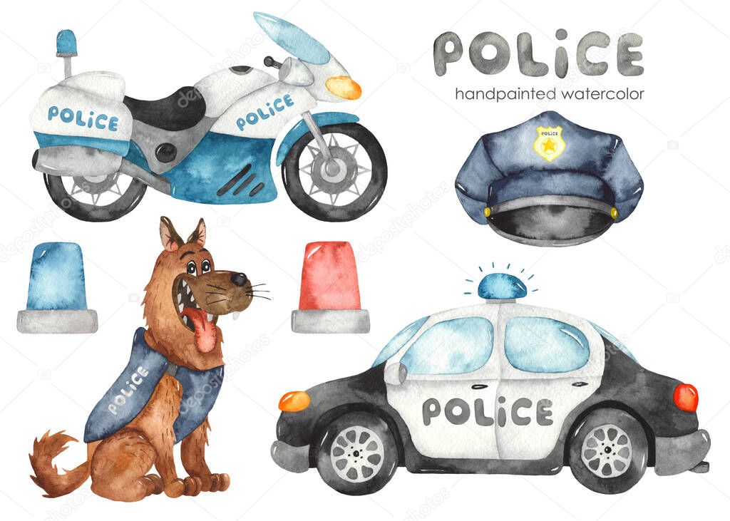 Cute cartoon Police car, motorcycle, dog and flashing lights. Watercolor hand painted clipart