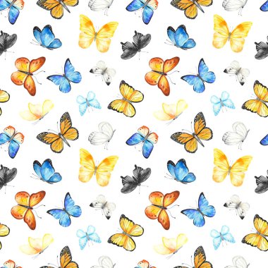 Beyaz arka planda çok renkli kelebekler. Suluboya el boyası kusursuz desen