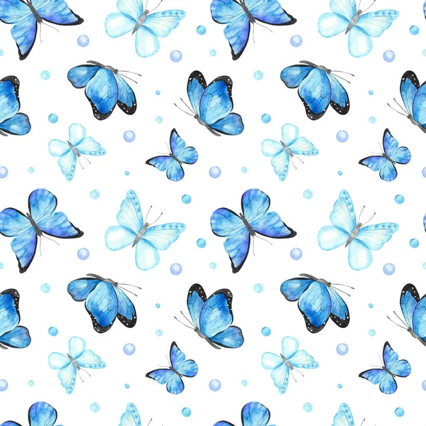白い背景に青い蝶 水彩手描きシームレスパターン — ストック写真