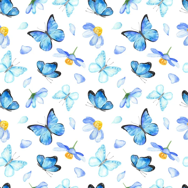 Borboletas Azuis Flores Fundo Branco Padrão Sem Costura Pintado Mão — Fotografia de Stock