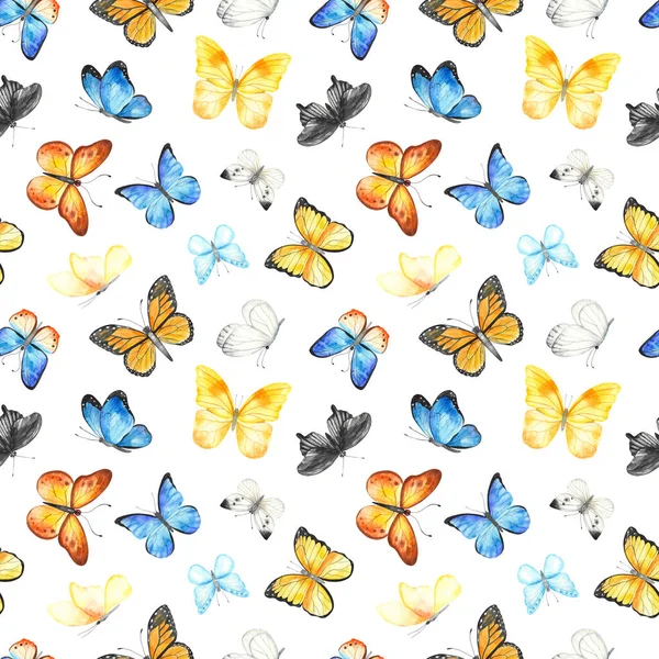 Mnohobarevné Motýly Bílém Pozadí Akvarel Ručně Malované Bezešvné Vzor — Stock fotografie