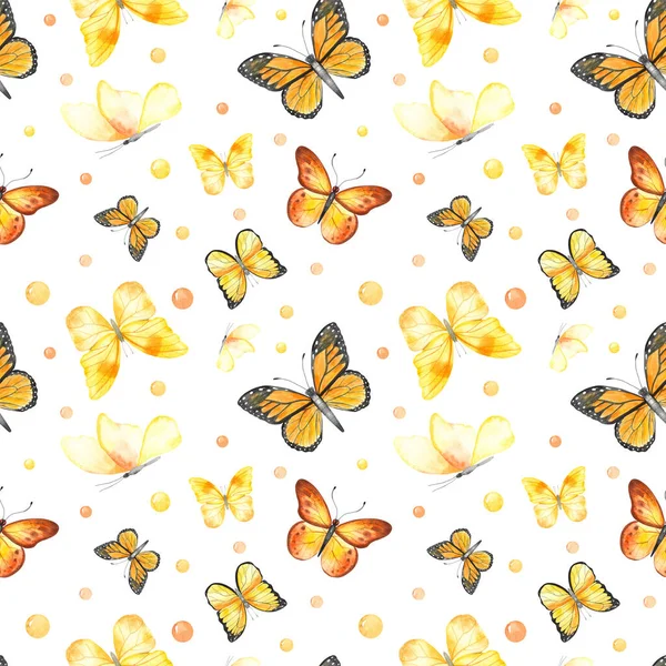 白い背景に黄色の蝶 水彩手描きシームレスパターン — ストック写真