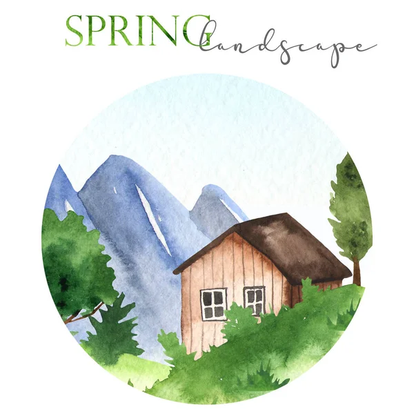 Mountain Landscape House Watercolor Hand Painted Card Template — Stock Photo, Image