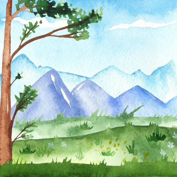 Spring landscape with mountains, pine, meadow. Watercolor hand painted card