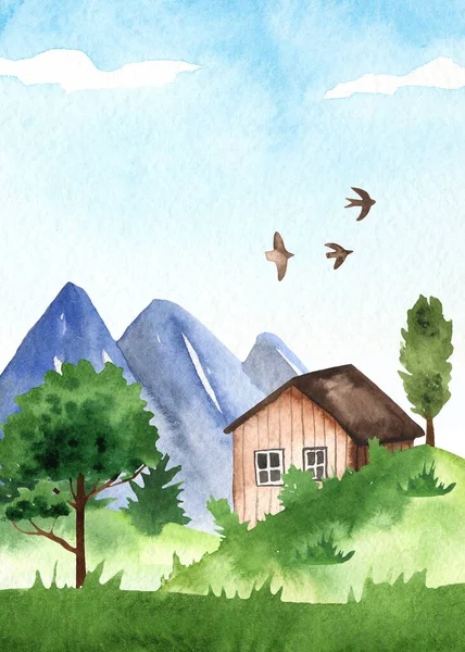 Mountain landscape and house. Watercolor hand painted card