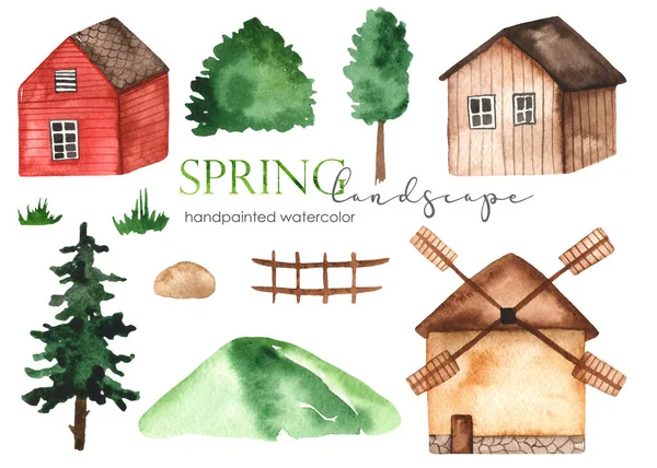 Paisagem Primavera Com Colina Árvores Abeto Casas Moinho Clipart Pintado — Fotografia de Stock