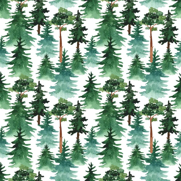 Beyaz Arka Planda Ağaçlar Çam Ağaçları Suluboya Kusursuz Desen — Stok fotoğraf