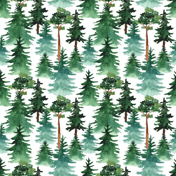 Fir trees and pines on a white background. Watercolor seamless pattern