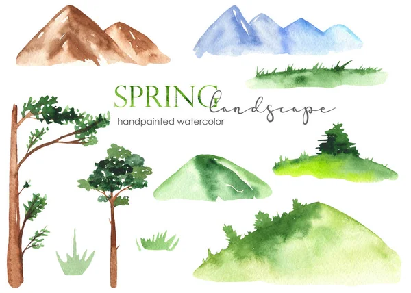 Montanhas Pinheiros Árvores Prados Relva Paisagem Primavera Aquarela — Fotografia de Stock