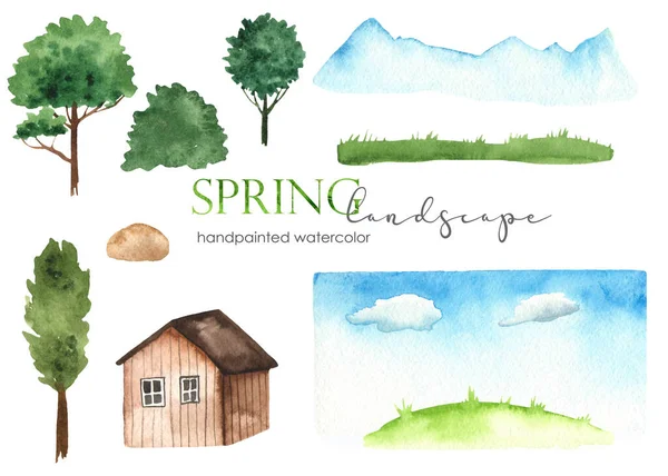 Spring Landscape Mountains Trees Sky House Grass Watercolor Hand Painted — Stock Photo, Image