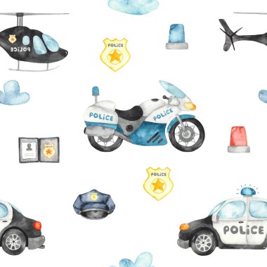 Polis helikopteri, araba, motosiklet ve yanıp sönen ışıklar. Suluboya kusursuz desen