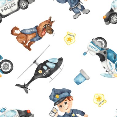 Polis araçları, polis memuru ve köpek. Suluboya el boyası kusursuz desen