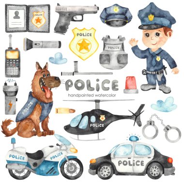 Tatlı çizgi film polis helikopteri, araba, motosiklet, polis memuru ve polis ekipmanı. Suluboya elle boyanmış klima