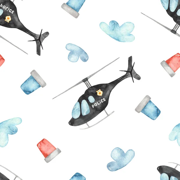 Police helicopter and flashing lights. Watercolor hand painted seamless pattern