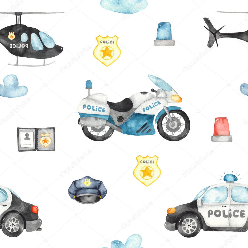 Police helicopter, car, motorcycle and flashing lights. Watercolor seamless pattern