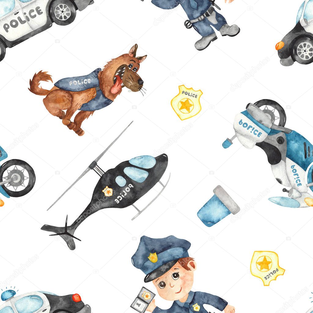 Police vehicles, police officer and dog. Watercolor hand painted seamless pattern