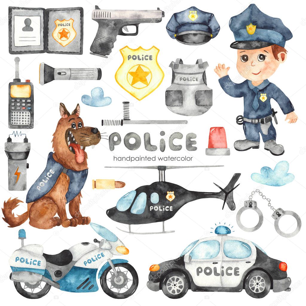 Cute cartoon Police helicopter, car, motorcycle, police officer and police equipment. Watercolor hand painted clipart