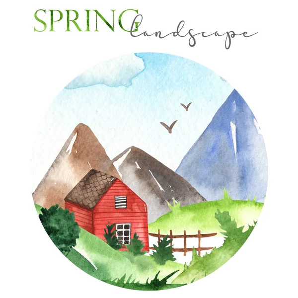 Spring Mountain Landscape Mountains Houses Watercolor Hand Painted Card — Stock Photo, Image