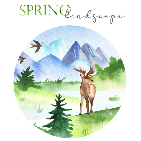 Spring Landscape Mountains Meadows Firs Deer Watercolor Hand Painted Card — Stock Photo, Image
