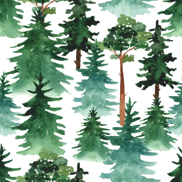 Beyaz Arka Planda Ağaçlar Çam Ağaçları Suluboya Boyası Kusursuz Desen — Stok fotoğraf