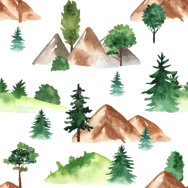 Góry Jodły Sosny Białym Tle Akwarela Ręcznie Malowane Bezszwowy Wzór — Zdjęcie stockowe