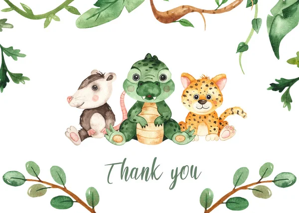 Aranyos Kisbabák Jaguár Krokodil Oposszum Levelek Köszönöm Akvarellkártyát — Stock Fotó