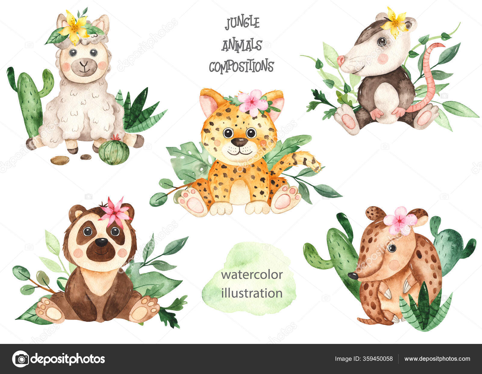 Animales Selva Plantas Tropicales Flores Acuarela Dibujada Mano Composición  Ilustración de stock #359450058 de ©MarinaErmakova, image size:1600x1243