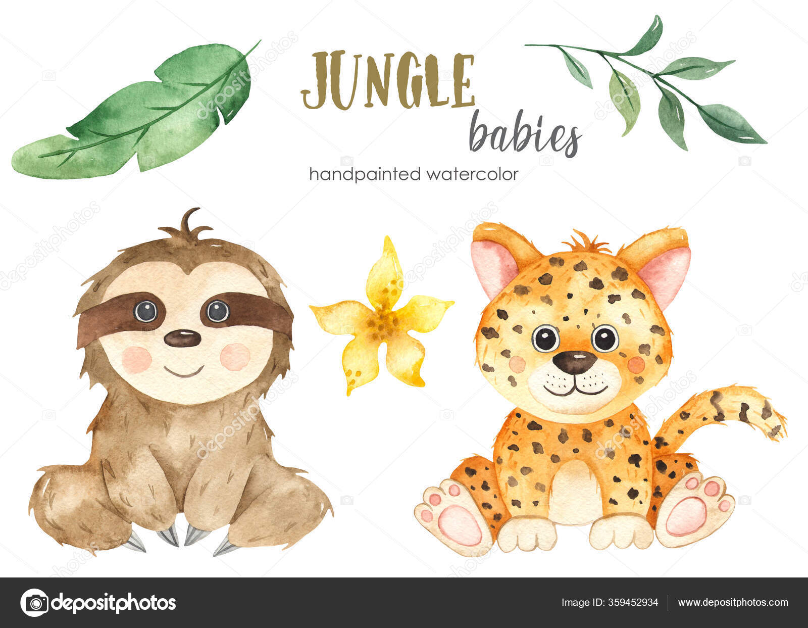 Cute Cartoon Baby Sloth Jaguar Watercolor Hand Drawn Set Stock Photo By C Marinaermakova