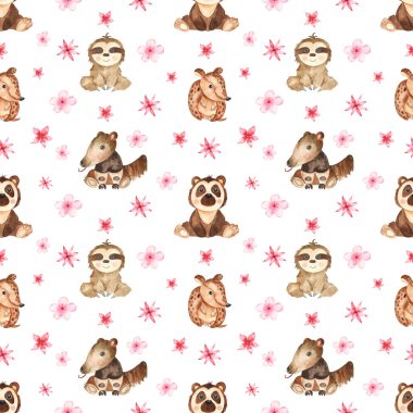 Tatlı orman çocukları ve beyaz arka planda pembe tropikal çiçekler. Suluboya kusursuz desen