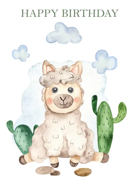 Cute Baby Llama Cacti Watercolor Hand Painted Card — Stock Photo, Image