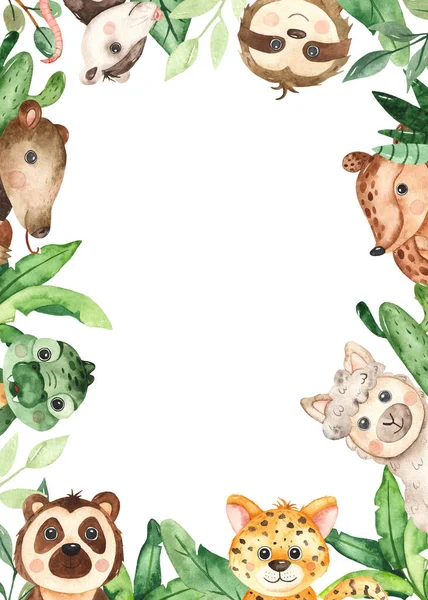 Dzieci Zwierząt Liści Akwarela Ręcznie Rysowane Ramki Dżungli — Zdjęcie stockowe