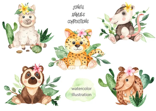 Jungle Animals Tropical Plants Flowers Watercolor Hand Drawn Composition — Stock Photo, Image