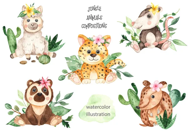 Jungle animals and tropical plants and flowers. Watercolor hand-drawn composition