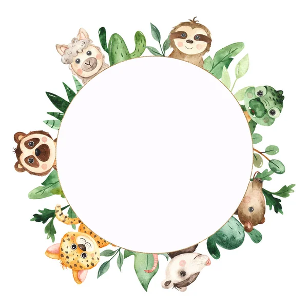 Cute babies  jungle animals and tropical leaves. Watercolor hand-drawn round frame