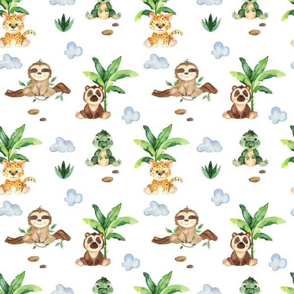 Cute jungle animals kids and palm trees, clouds on white background. Watercolor seamless pattern