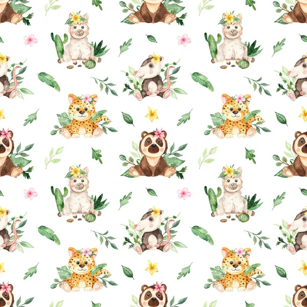 Cute animal jungle kids in tropical plants on a white background. Watercolor seamless pattern