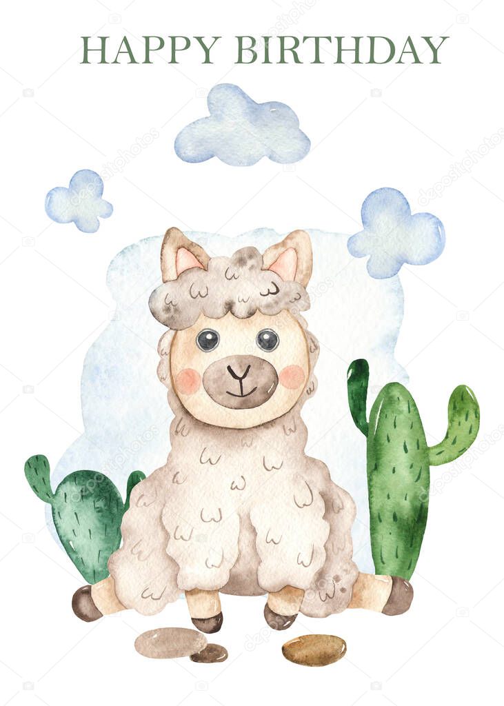 Cute baby llama and cacti. Watercolor hand painted card