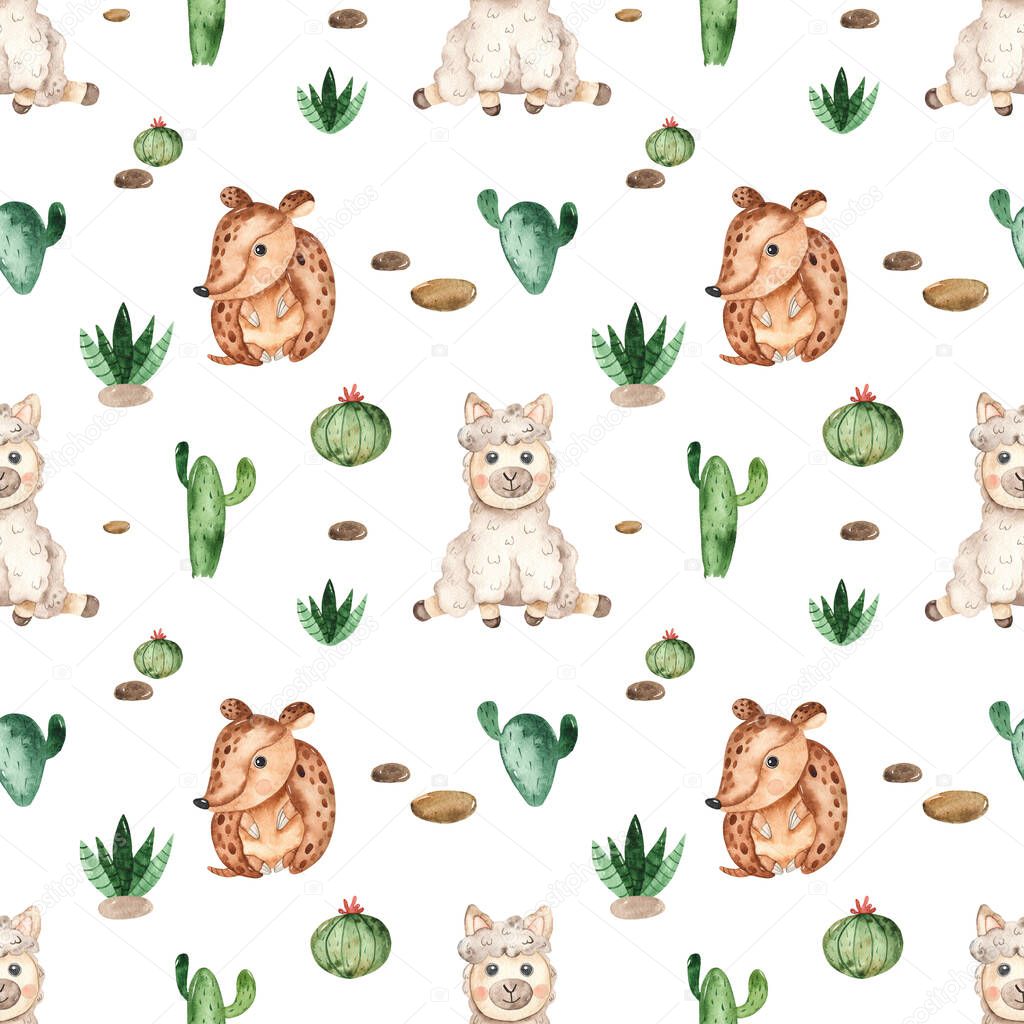 Cute baby animal llama, armadillo, cacti on a white background. Watercolor seamless pattern