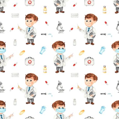 Doktor, doktor çantası, mikroskop, beyaz arka planda haplar. Suluboya kusursuz desen