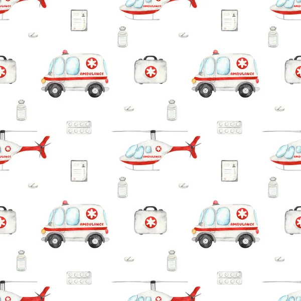 Ασθενοφόρο Αυτοκίνητο Και Ασθενοφόρο Ελικόπτερο Λευκό Φόντο Υδατογραφία Χωρίς Ραφή — Φωτογραφία Αρχείου