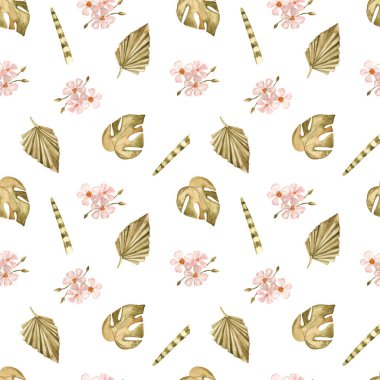 Savannah kurumuş çiçekler ve beyaz arka planda pembe çiçekler. Suluboya kusursuz desen