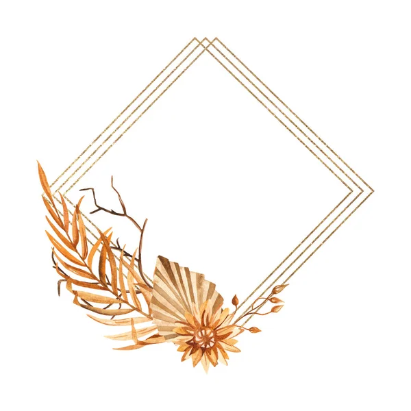 Suche Liście Palmowe Kwiat Akwarela Złoty Romb Ramka — Zdjęcie stockowe
