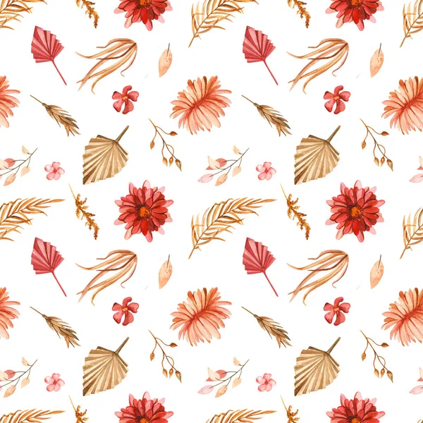 Savannah Dried Flowers Leaves Grass White Background Watercolor Seamless Pattern — Stock Photo, Image