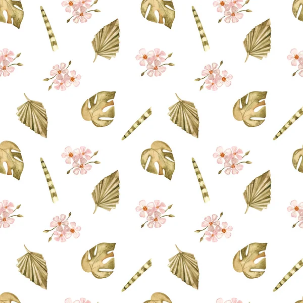 Savannah Dried Flowers Pink Flowers White Background Watercolor Seamless Pattern — Stock Photo, Image