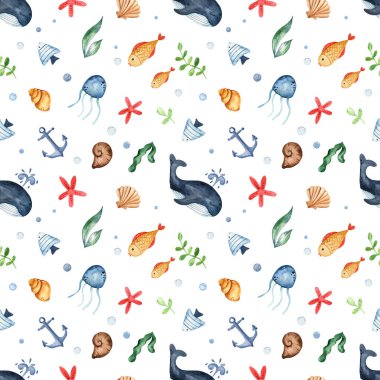 Deniz manzarasında çocuk denizciler, beyaz arka planda gemiler. Suluboya kusursuz desen