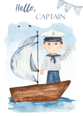 Deniz manzarasında çocuk denizciler, beyaz arka planda gemiler. Suluboya kusursuz desen