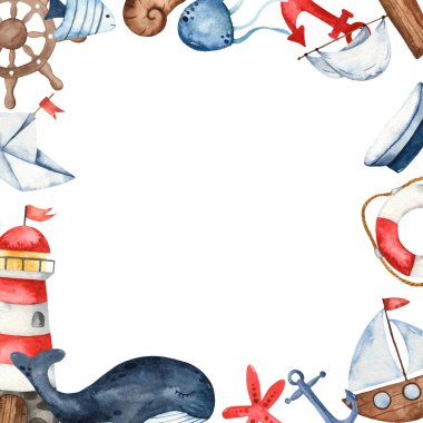 Deniz manzarasında çocuk denizciler, beyaz arka planda gemiler. Suluboya kusursuz desen