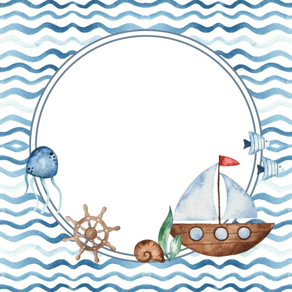 Děti Námořníci Mořské Krajině Lodě Bílém Pozadí Akvarel Bezešvný Vzor — Stock fotografie
