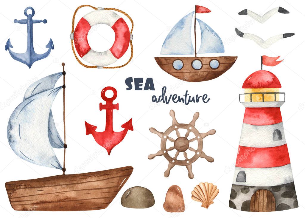 Children sailors on the sea landscape, ships on a white background. Watercolor seamless pattern